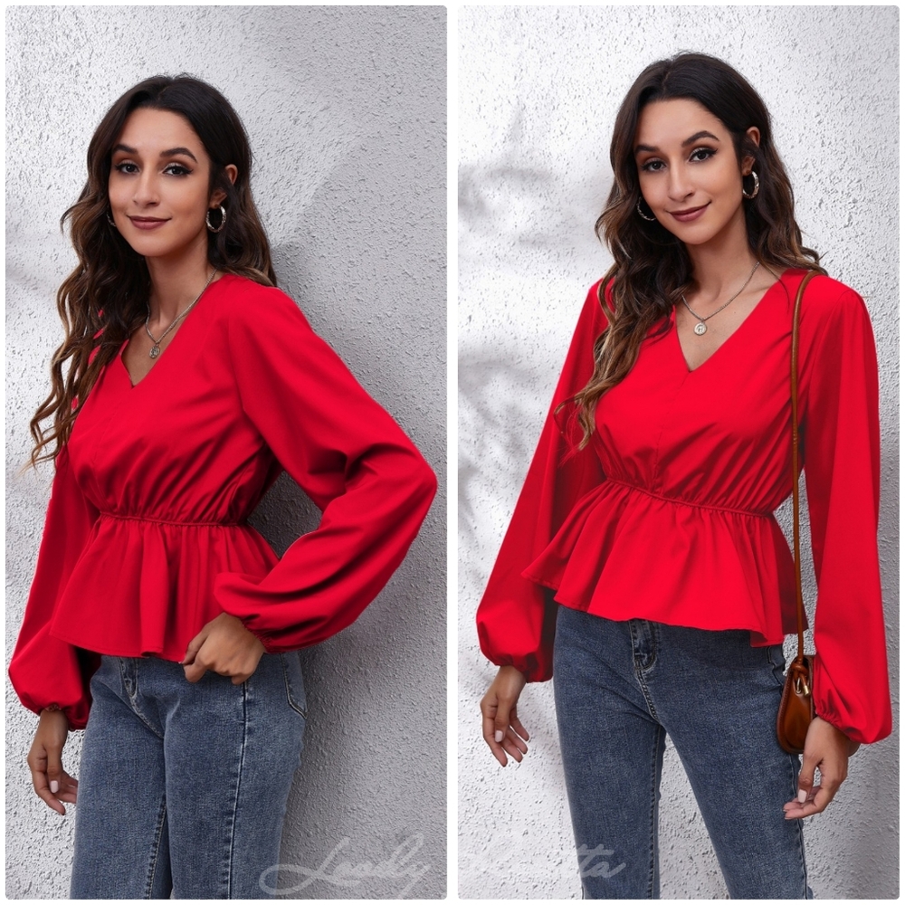 Red V-Neck Peplum Top with Stylish Balloon Sleeves